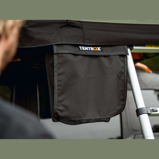 Boot Bag Keep your muddy, wet shoes outside your TentBox with this versatile boot bag. Hang it from your ladder, or slide it into the c-channels underneath if you have a TentBox Lite model. It comfortably fits a pair of shoes and features a vented net to