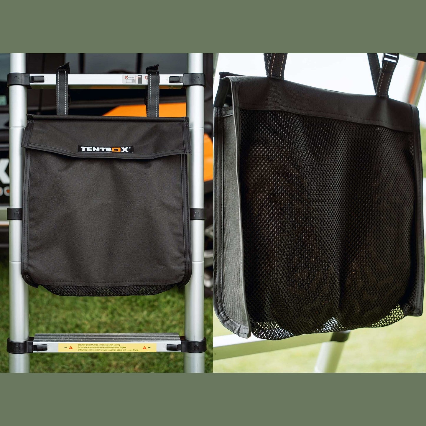 Boot Bag Keep your muddy, wet shoes outside your TentBox with this versatile boot bag. Hang it from your ladder, or slide it into the c-channels underneath if you have a TentBox Lite model. It comfortably fits a pair of shoes and features a vented net to