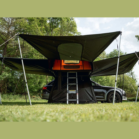 Lite XL Living Pod (Lite XL) Effortlessly create a spacious, functional area beneath your Lite XL, perfect for staying dry during rain or enjoying shade on sunny days. Activate 'wing-mode' for an even larger sheltered space. The design integrates the ladd