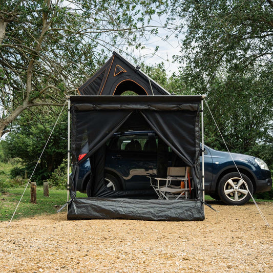 TentBox Awning Room Transform your TentBox Side Awning into a roomy space. Keep the doors down to create an enclosed, weatherproof area, or roll them up to enjoy an open, airy space. For added versatility, use our Telescopic Props (sold separately) to ent
