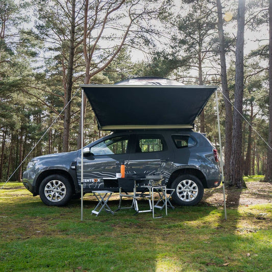 TentBox Side Awning Set (Universal Brackets) 2023 Update: Enhanced materials and a more durable design for the moving parts. The TentBox Side Awning is the ideal addition to your camp, providing shelter from both rain and sun. With its simple, sturdy cons