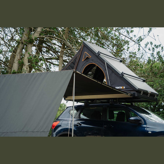 Side Awning Wall Enhance your side awning with an end wall for added protection from rain, wind, and sun. Installation is simple—just thread the wall into the rail on your awning and peg it to the ground. Compatible with all versions of the TentBox Side A