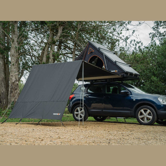Side Awning Wall Enhance your side awning with an end wall for added protection from rain, wind, and sun. Installation is simple—just thread the wall into the rail on your awning and peg it to the ground. Compatible with all versions of the TentBox Side A