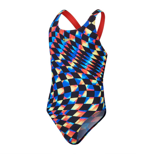Speedo Girls Digital Allover Leaderback Swimming Costume Black Watermelon