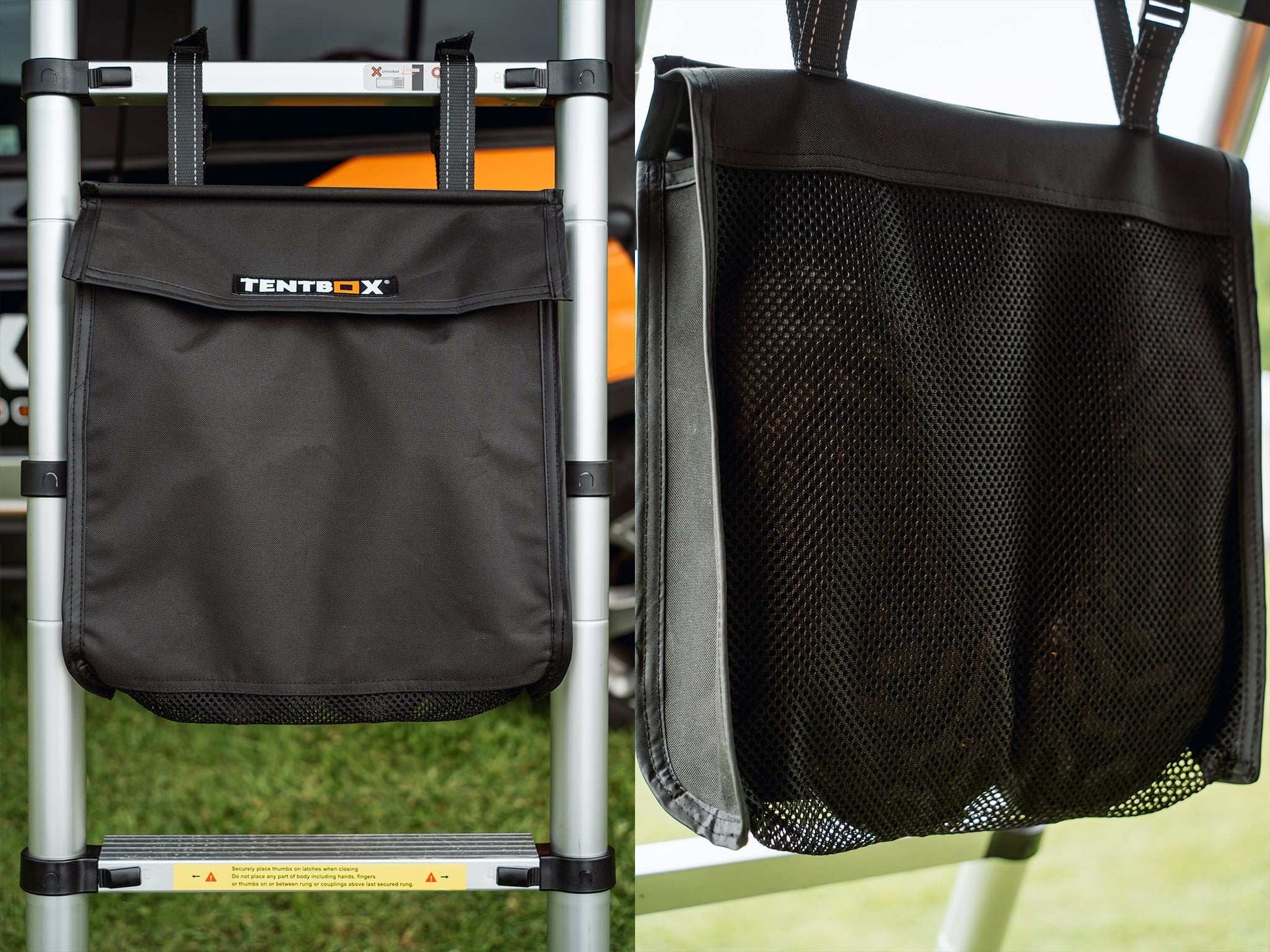 Boot Bag Keep your muddy, wet shoes outside your TentBox with this versatile boot bag. Hang it from your ladder, or slide it into the c-channels underneath if you have a TentBox Lite model. It comfortably fits a pair of shoes and features a vented net to