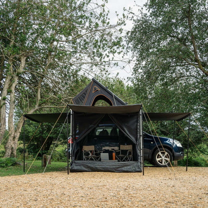 TentBox Awning Room Transform your TentBox Side Awning into a roomy space. Keep the doors down to create an enclosed, weatherproof area, or roll them up to enjoy an open, airy space. For added versatility, use our Telescopic Props (sold separately) to ent