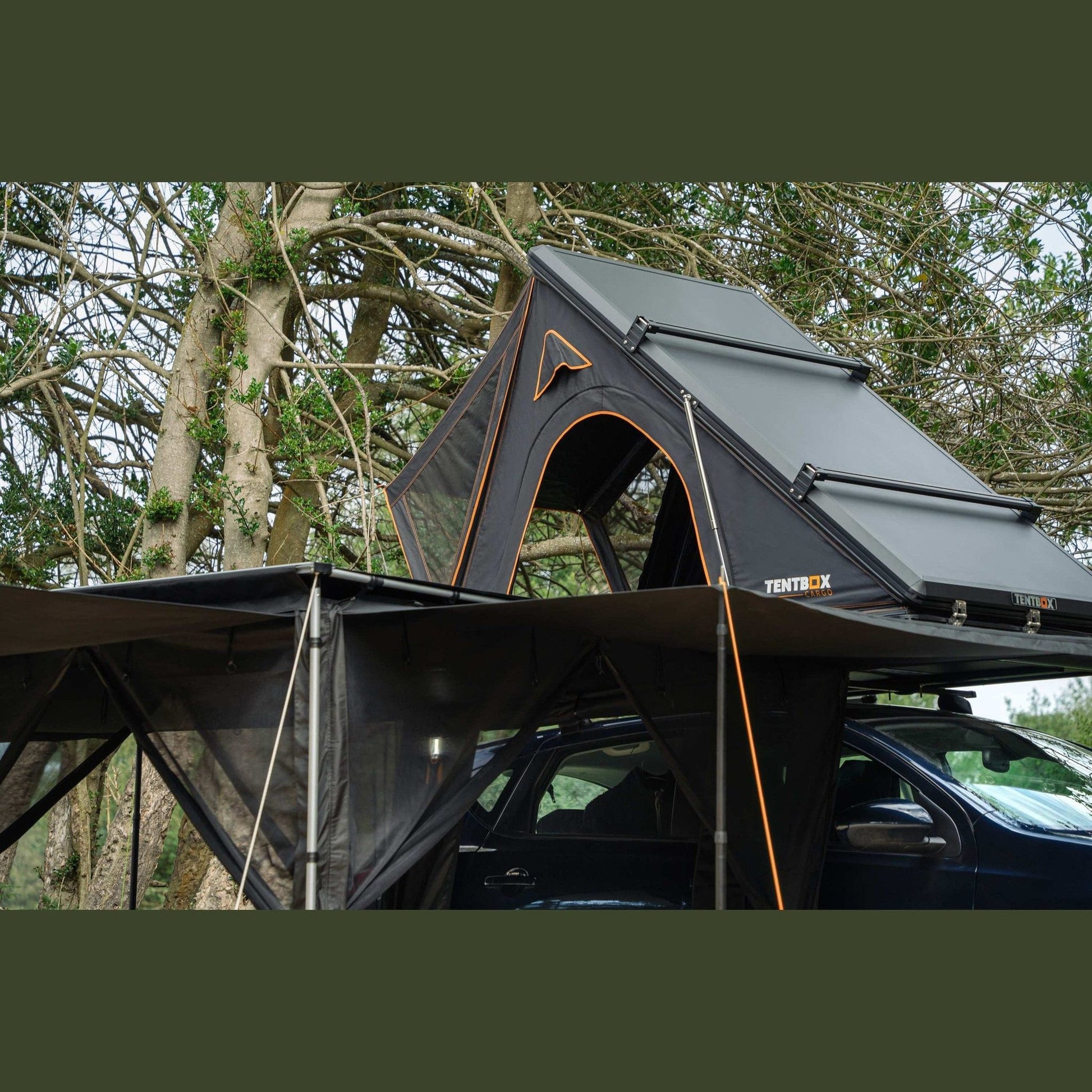 TentBox Awning Room Transform your TentBox Side Awning into a roomy space. Keep the doors down to create an enclosed, weatherproof area, or roll them up to enjoy an open, airy space. For added versatility, use our Telescopic Props (sold separately) to ent