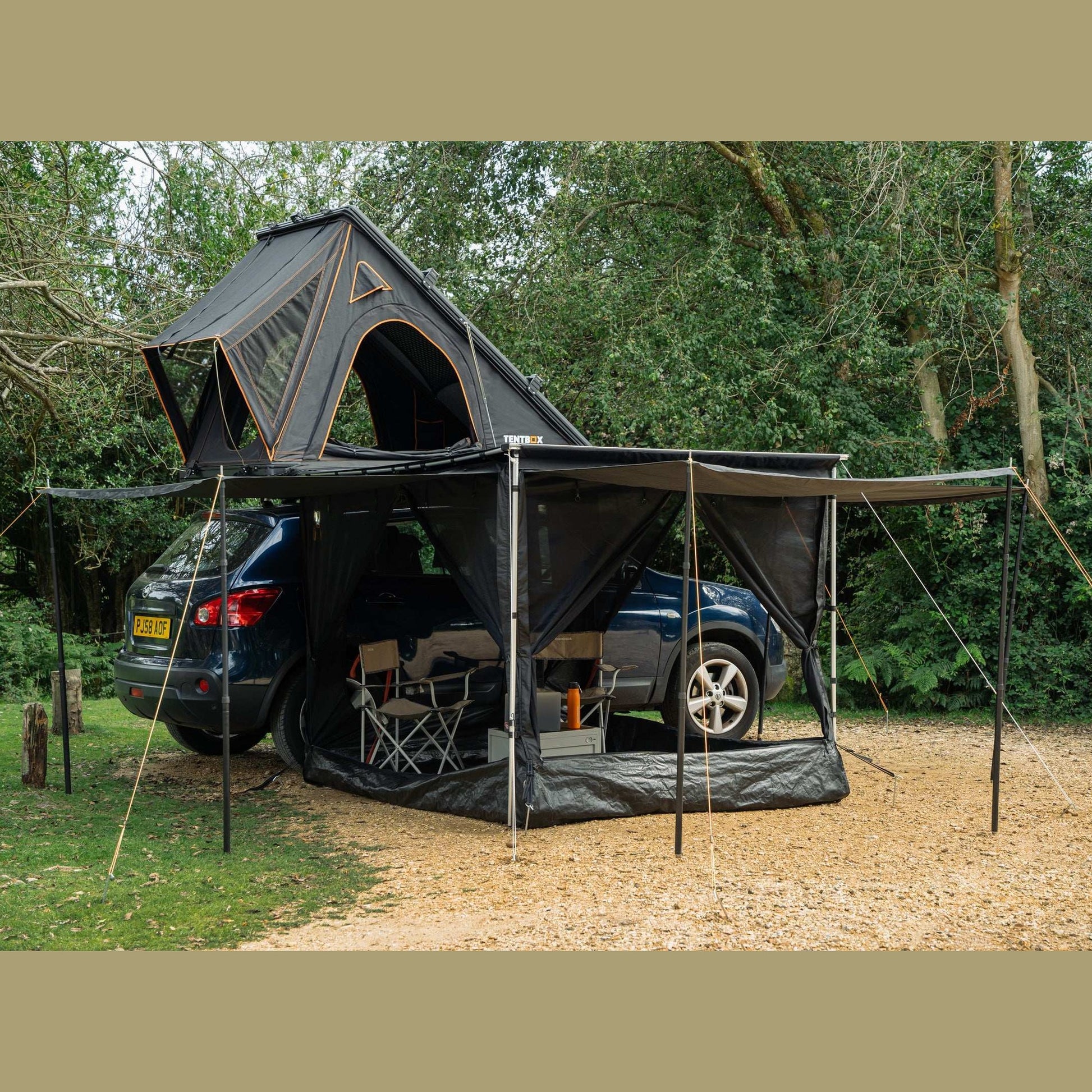 TentBox Awning Room Transform your TentBox Side Awning into a roomy space. Keep the doors down to create an enclosed, weatherproof area, or roll them up to enjoy an open, airy space. For added versatility, use our Telescopic Props (sold separately) to ent
