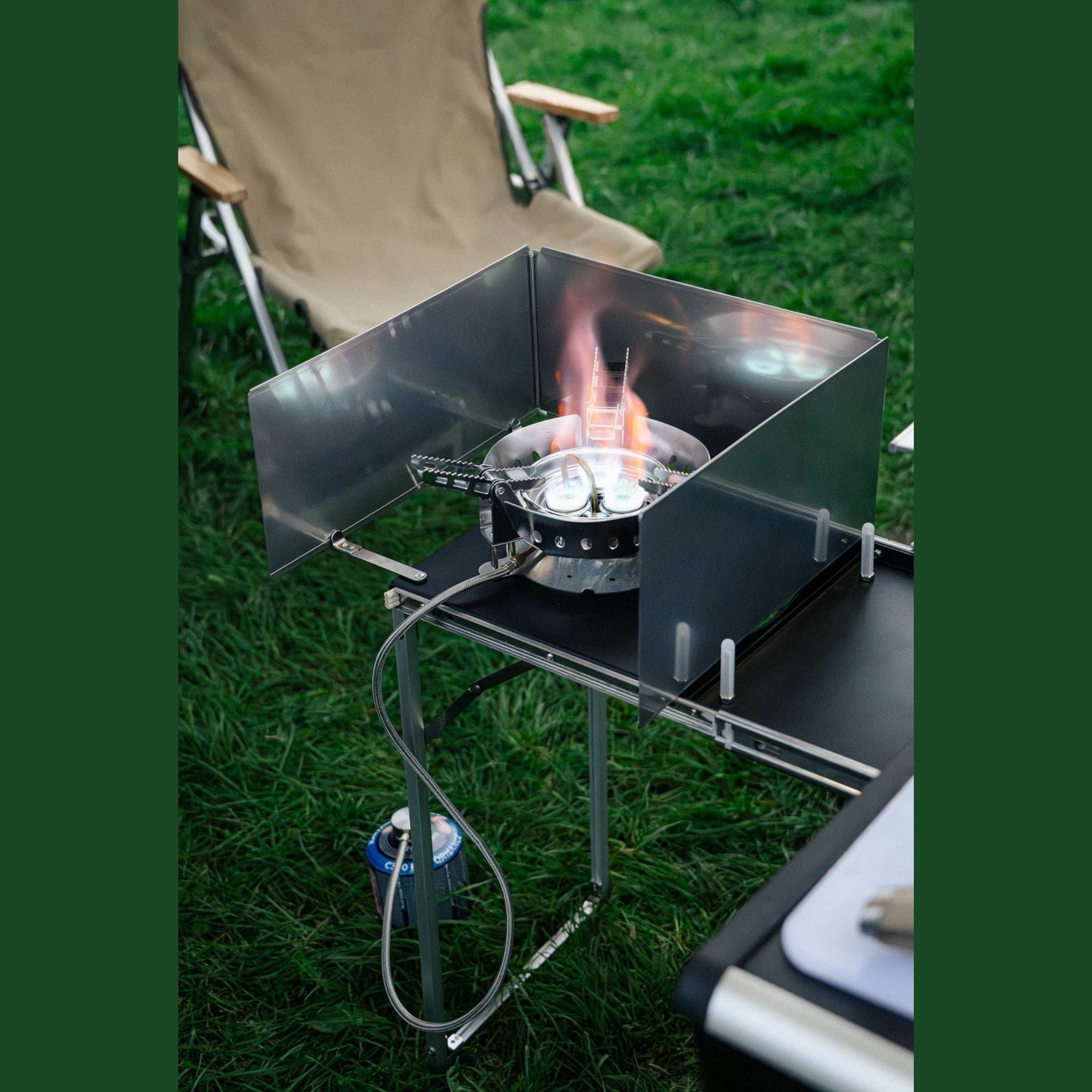 KitchenBox - Complete Camp Kitchen, Includes Stove, Chairs and Cooking Utensils The KitchenBox is a hassle-free kitchen built into a compact box. Easy to carry and designed to fit in your car boot, it sets up in seconds and includes everything you need to
