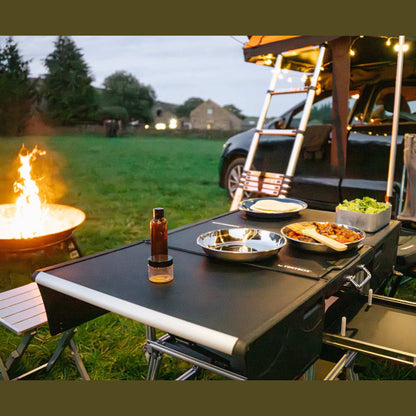 KitchenBox - Complete Camp Kitchen, Includes Stove, Chairs and Cooking Utensils The KitchenBox is a hassle-free kitchen built into a compact box. Easy to carry and designed to fit in your car boot, it sets up in seconds and includes everything you need to