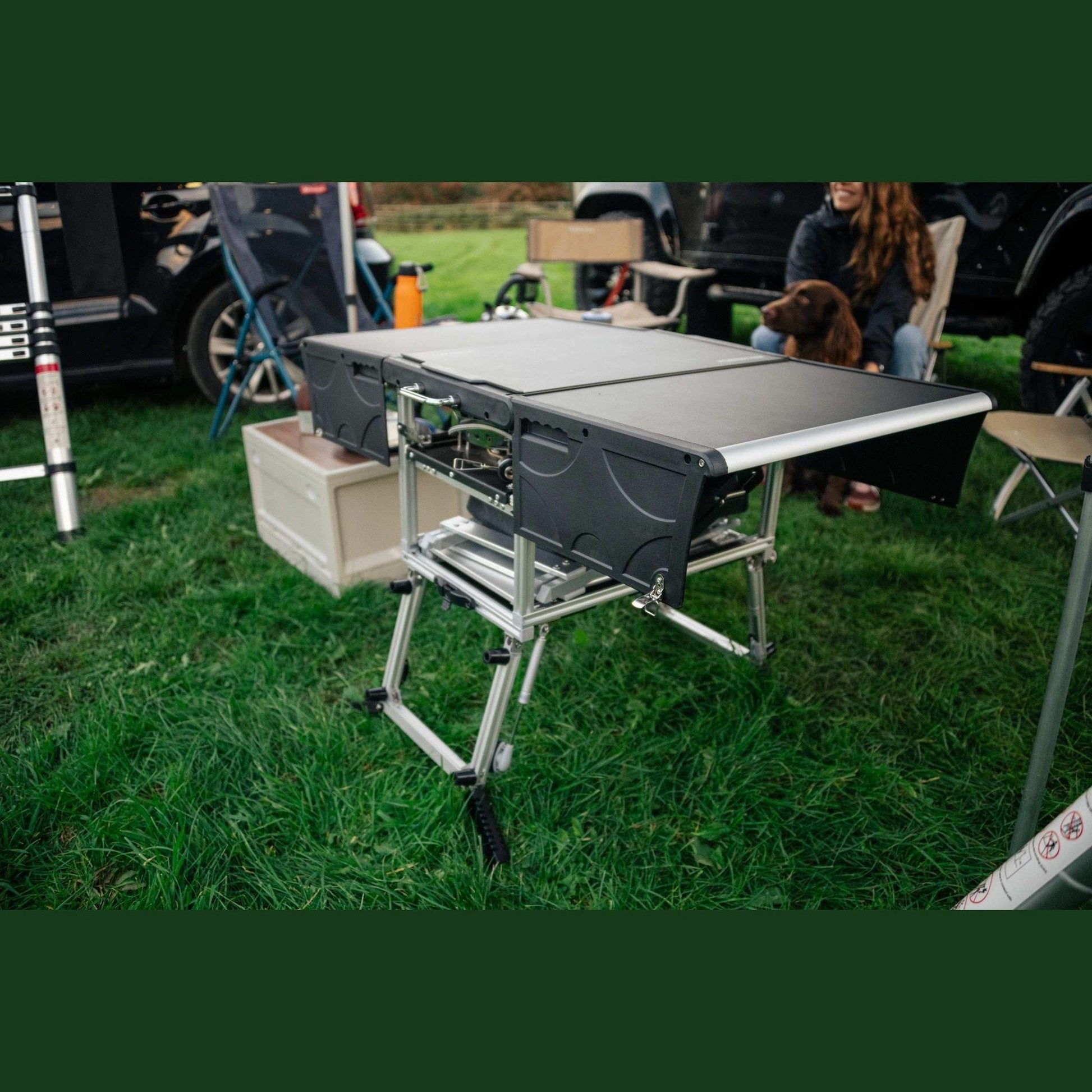 KitchenBox - Complete Camp Kitchen, Includes Stove, Chairs and Cooking Utensils The KitchenBox is a hassle-free kitchen built into a compact box. Easy to carry and designed to fit in your car boot, it sets up in seconds and includes everything you need to