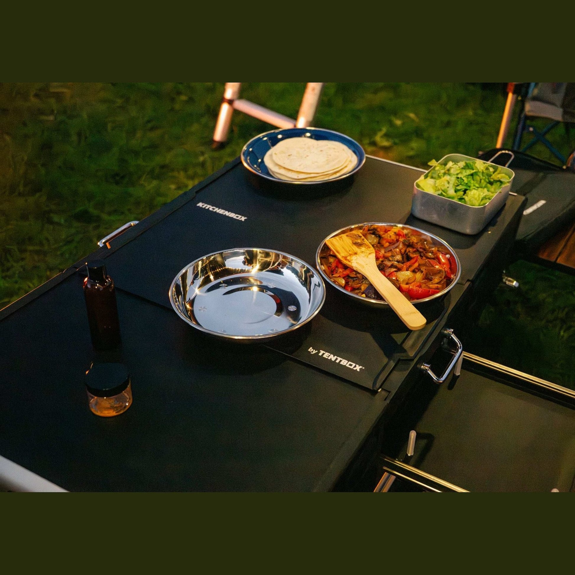 KitchenBox - Complete Camp Kitchen, Includes Stove, Chairs and Cooking Utensils The KitchenBox is a hassle-free kitchen built into a compact box. Easy to carry and designed to fit in your car boot, it sets up in seconds and includes everything you need to