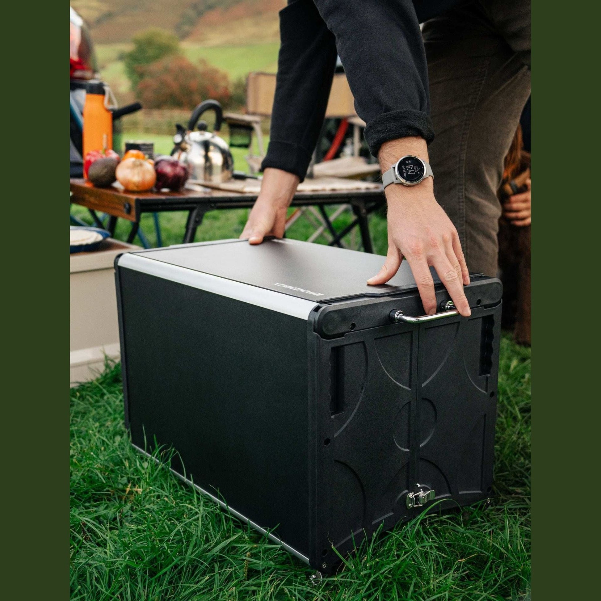 KitchenBox - Complete Camp Kitchen, Includes Stove, Chairs and Cooking Utensils The KitchenBox is a hassle-free kitchen built into a compact box. Easy to carry and designed to fit in your car boot, it sets up in seconds and includes everything you need to