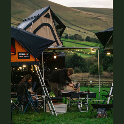 KitchenBox - Complete Camp Kitchen, Includes Stove, Chairs and Cooking Utensils The KitchenBox is a hassle-free kitchen built into a compact box. Easy to carry and designed to fit in your car boot, it sets up in seconds and includes everything you need to