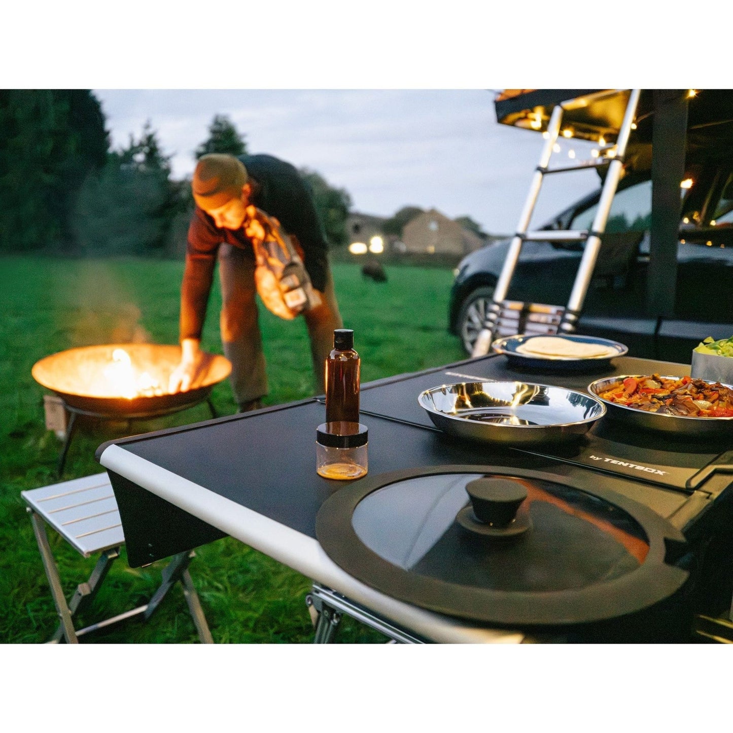 KitchenBox - Complete Camp Kitchen, Includes Stove, Chairs and Cooking Utensils The KitchenBox is a hassle-free kitchen built into a compact box. Easy to carry and designed to fit in your car boot, it sets up in seconds and includes everything you need to