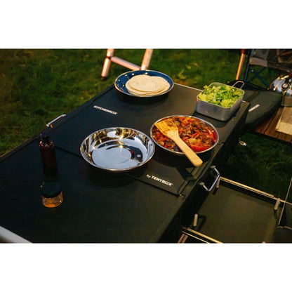 KitchenBox - Complete Camp Kitchen, Includes Stove, Chairs and Cooking Utensils The KitchenBox is a hassle-free kitchen built into a compact box. Easy to carry and designed to fit in your car boot, it sets up in seconds and includes everything you need to