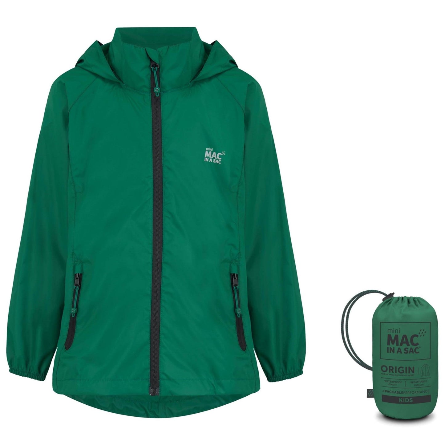 Mac In a Sac Origin 2 Edition Kids Jacket - 10, 000 mm Rated - Highly Breathable 8,000 mm - Fully Taped Seams - Color Bottle Green