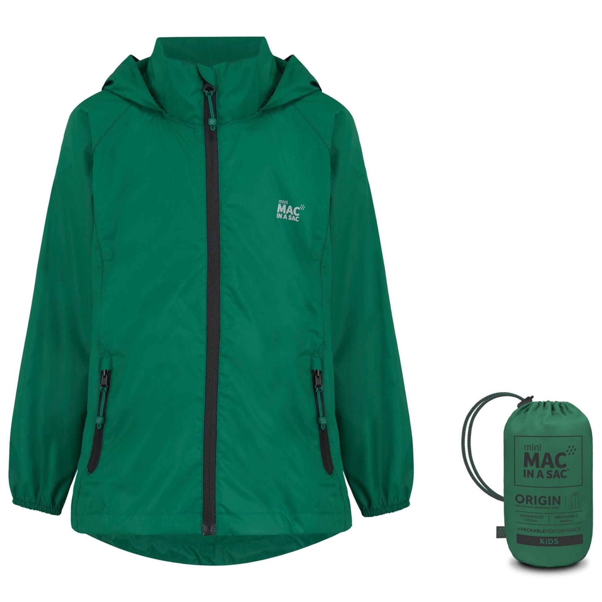 Mac In a Sac Origin 2 Edition Kids Jacket - 10, 000 mm Rated - Highly Breathable 8,000 mm - Fully Taped Seams - Color Bottle Green