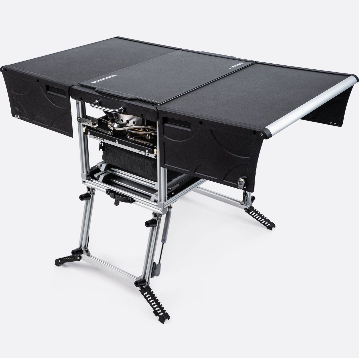 KitchenBox - Complete Camp Kitchen, Includes Stove, Chairs and Cooking Utensils The KitchenBox is a hassle-free kitchen built into a compact box. Easy to carry and designed to fit in your car boot, it sets up in seconds and includes everything you need to