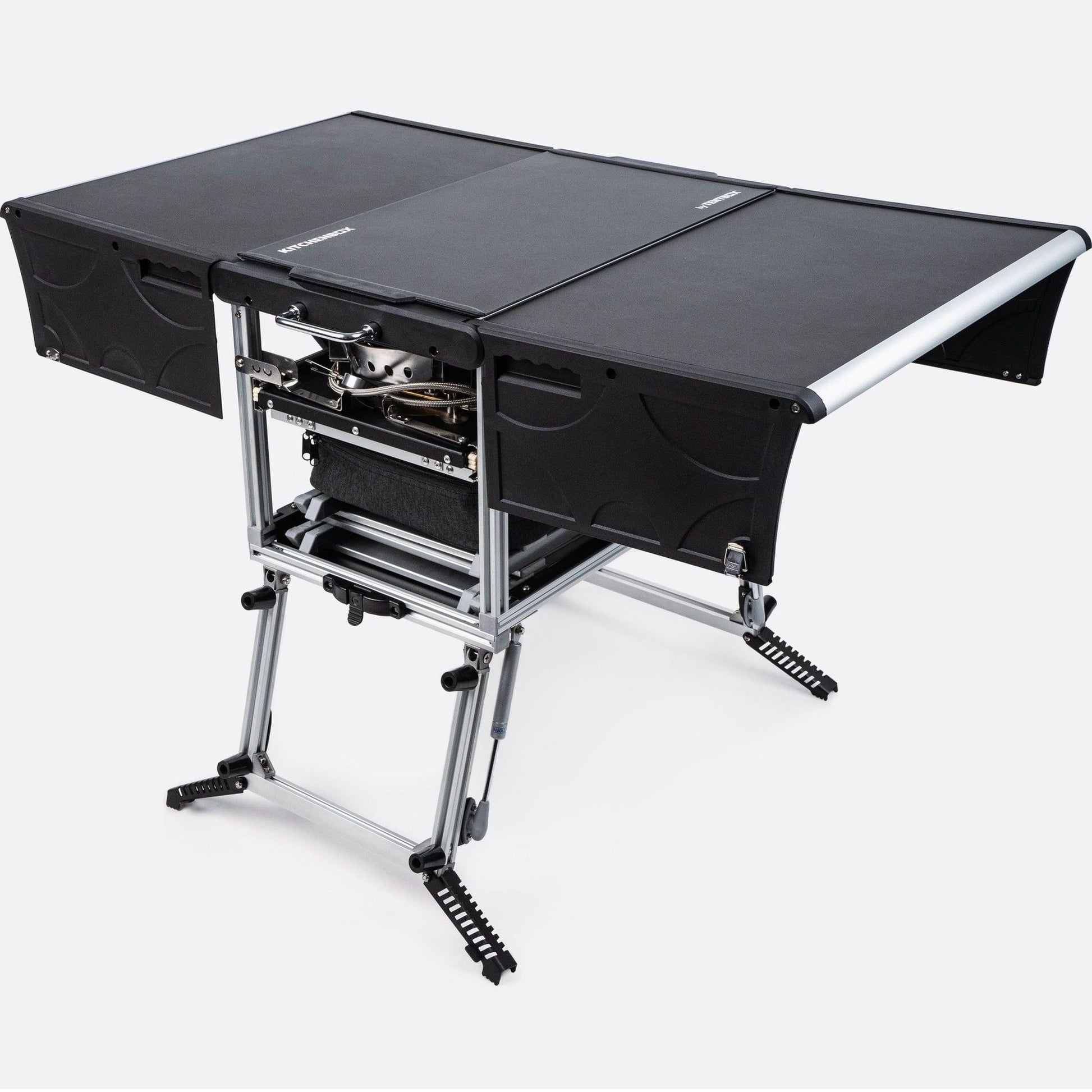 KitchenBox - Complete Camp Kitchen, Includes Stove, Chairs and Cooking Utensils The KitchenBox is a hassle-free kitchen built into a compact box. Easy to carry and designed to fit in your car boot, it sets up in seconds and includes everything you need to