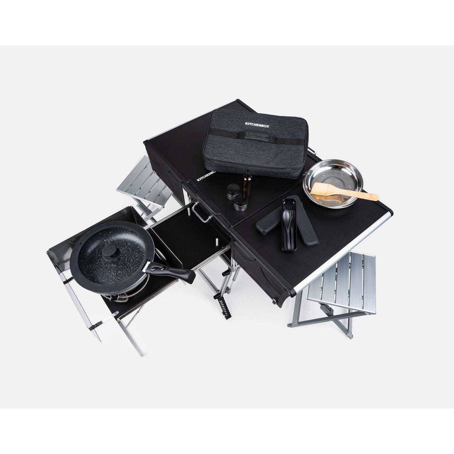 KitchenBox - Complete Camp Kitchen, Includes Stove, Chairs and Cooking Utensils The KitchenBox is a hassle-free kitchen built into a compact box. Easy to carry and designed to fit in your car boot, it sets up in seconds and includes everything you need to