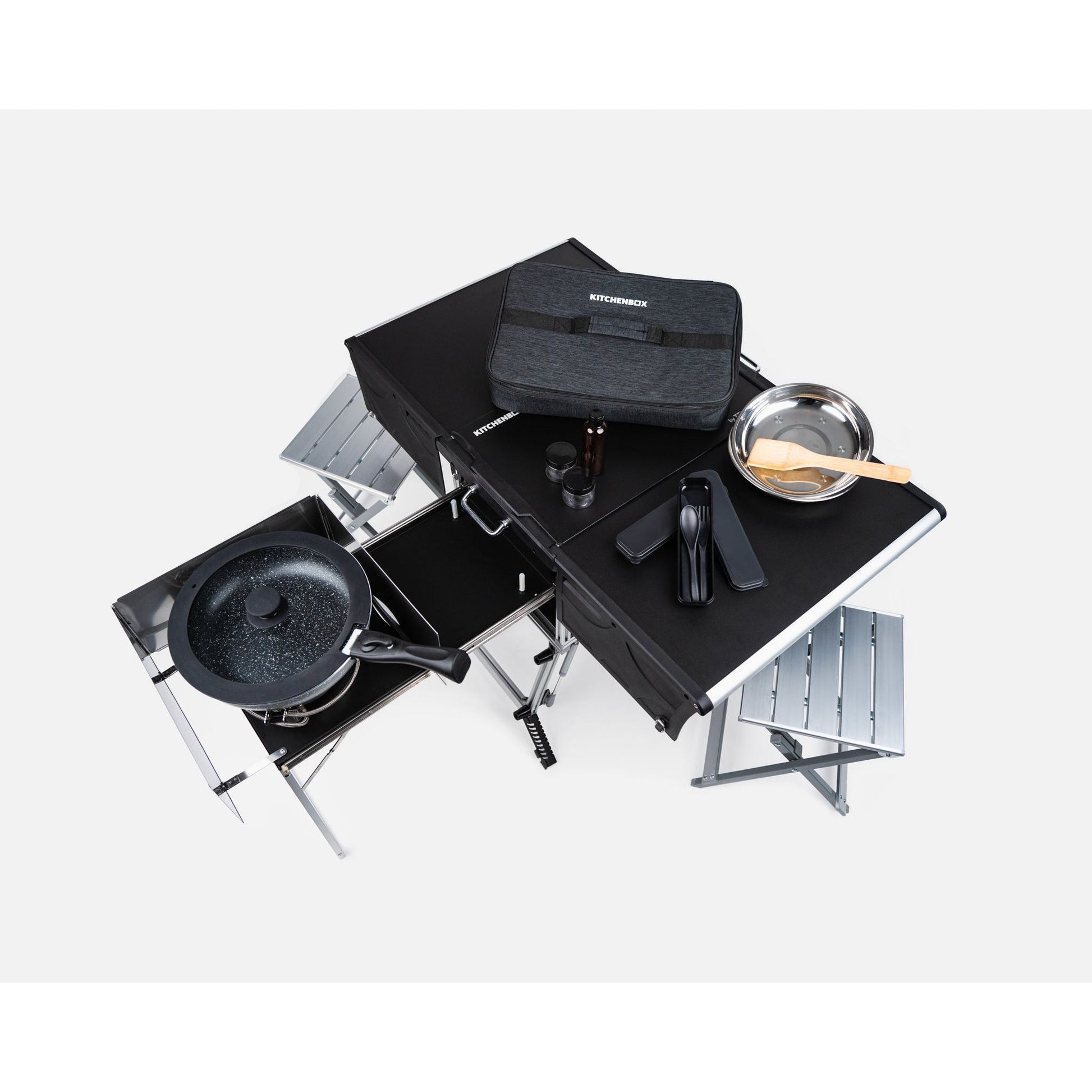 KitchenBox - Complete Camp Kitchen, Includes Stove, Chairs and Cooking Utensils The KitchenBox is a hassle-free kitchen built into a compact box. Easy to carry and designed to fit in your car boot, it sets up in seconds and includes everything you need to