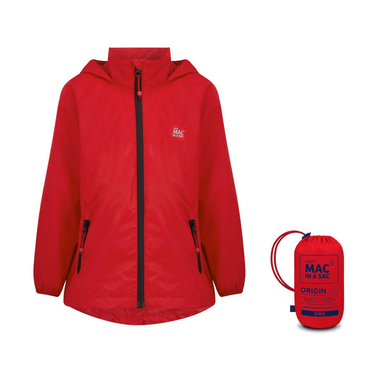 Mac In a Sac Origin 2 Edition Kids Jacket - 10, 000 mm Rated - Highly Breathable 8,000 mm - Fully Taped Seams - Color Red