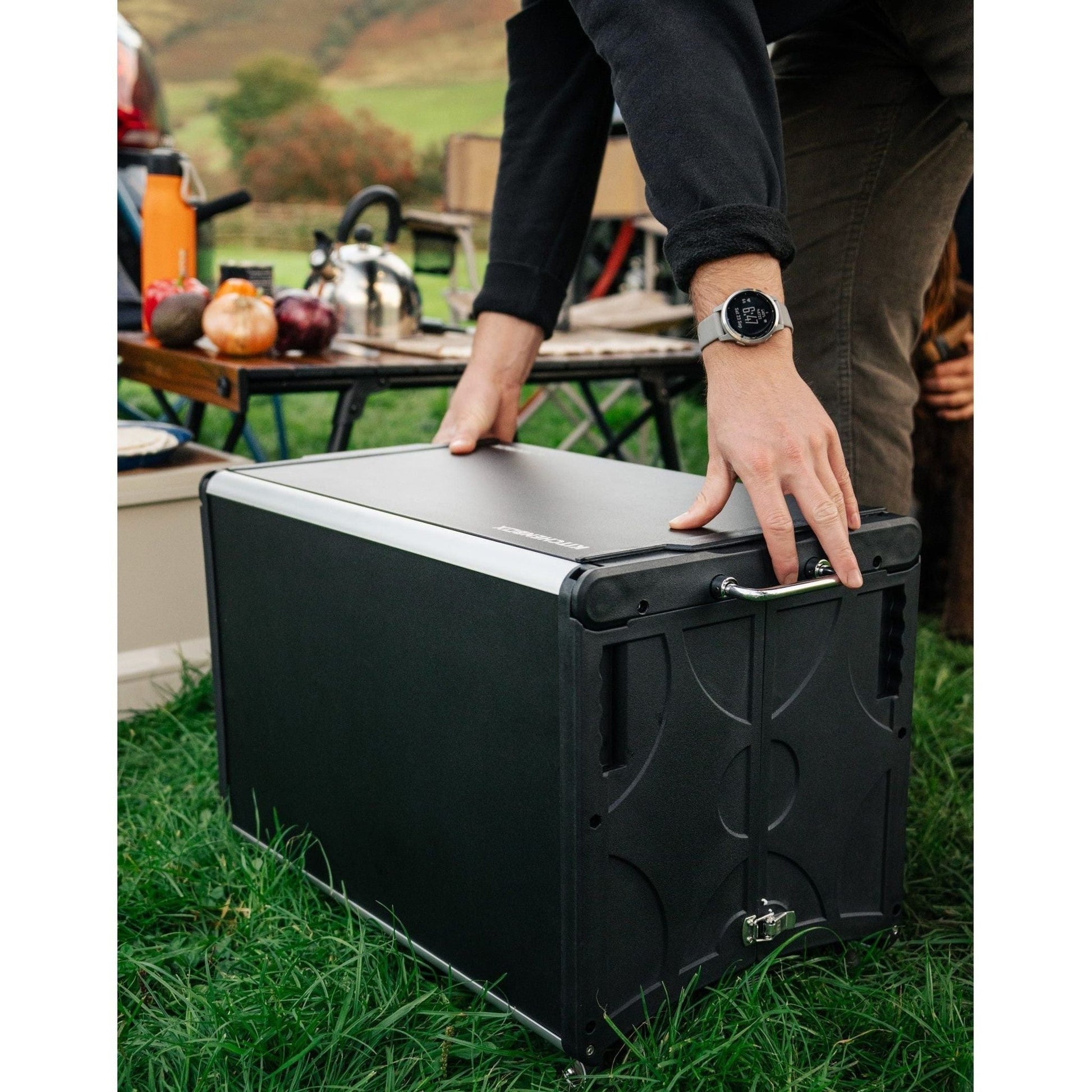 KitchenBox - Complete Camp Kitchen, Includes Stove, Chairs and Cooking Utensils The KitchenBox is a hassle-free kitchen built into a compact box. Easy to carry and designed to fit in your car boot, it sets up in seconds and includes everything you need to