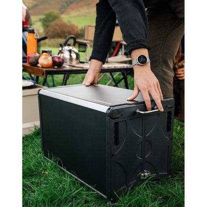 KitchenBox - Complete Camp Kitchen, Includes Stove, Chairs and Cooking Utensils The KitchenBox is a hassle-free kitchen built into a compact box. Easy to carry and designed to fit in your car boot, it sets up in seconds and includes everything you need to