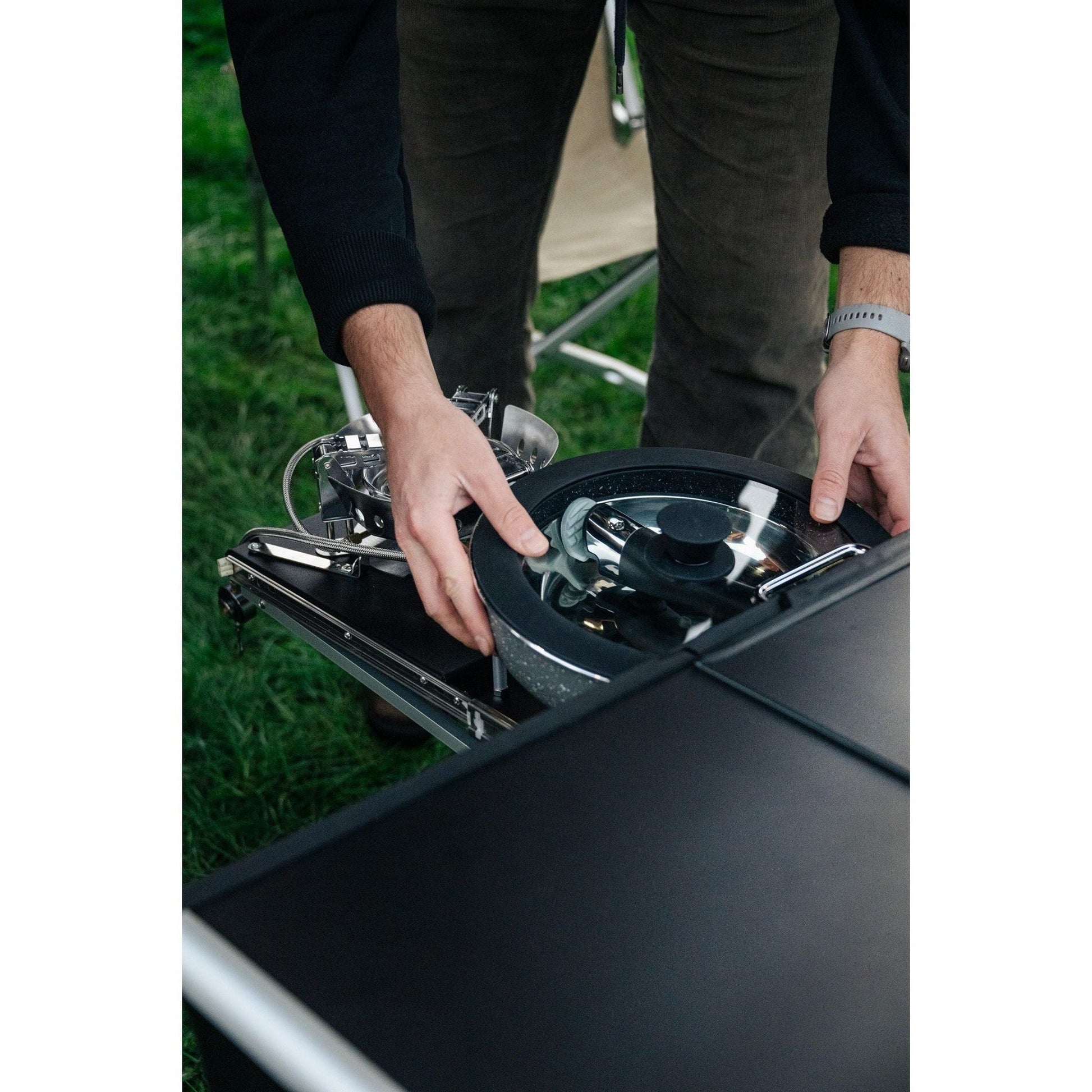 KitchenBox - Complete Camp Kitchen, Includes Stove, Chairs and Cooking Utensils The KitchenBox is a hassle-free kitchen built into a compact box. Easy to carry and designed to fit in your car boot, it sets up in seconds and includes everything you need to