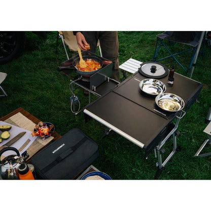 KitchenBox - Complete Camp Kitchen, Includes Stove, Chairs and Cooking Utensils The KitchenBox is a hassle-free kitchen built into a compact box. Easy to carry and designed to fit in your car boot, it sets up in seconds and includes everything you need to