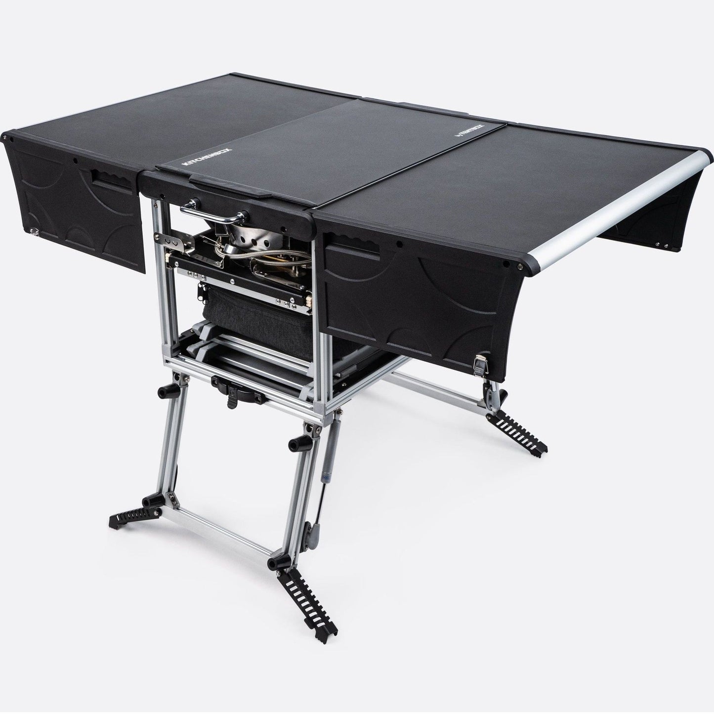 KitchenBox - Complete Camp Kitchen, Includes Stove, Chairs and Cooking Utensils The KitchenBox is a hassle-free kitchen built into a compact box. Easy to carry and designed to fit in your car boot, it sets up in seconds and includes everything you need to